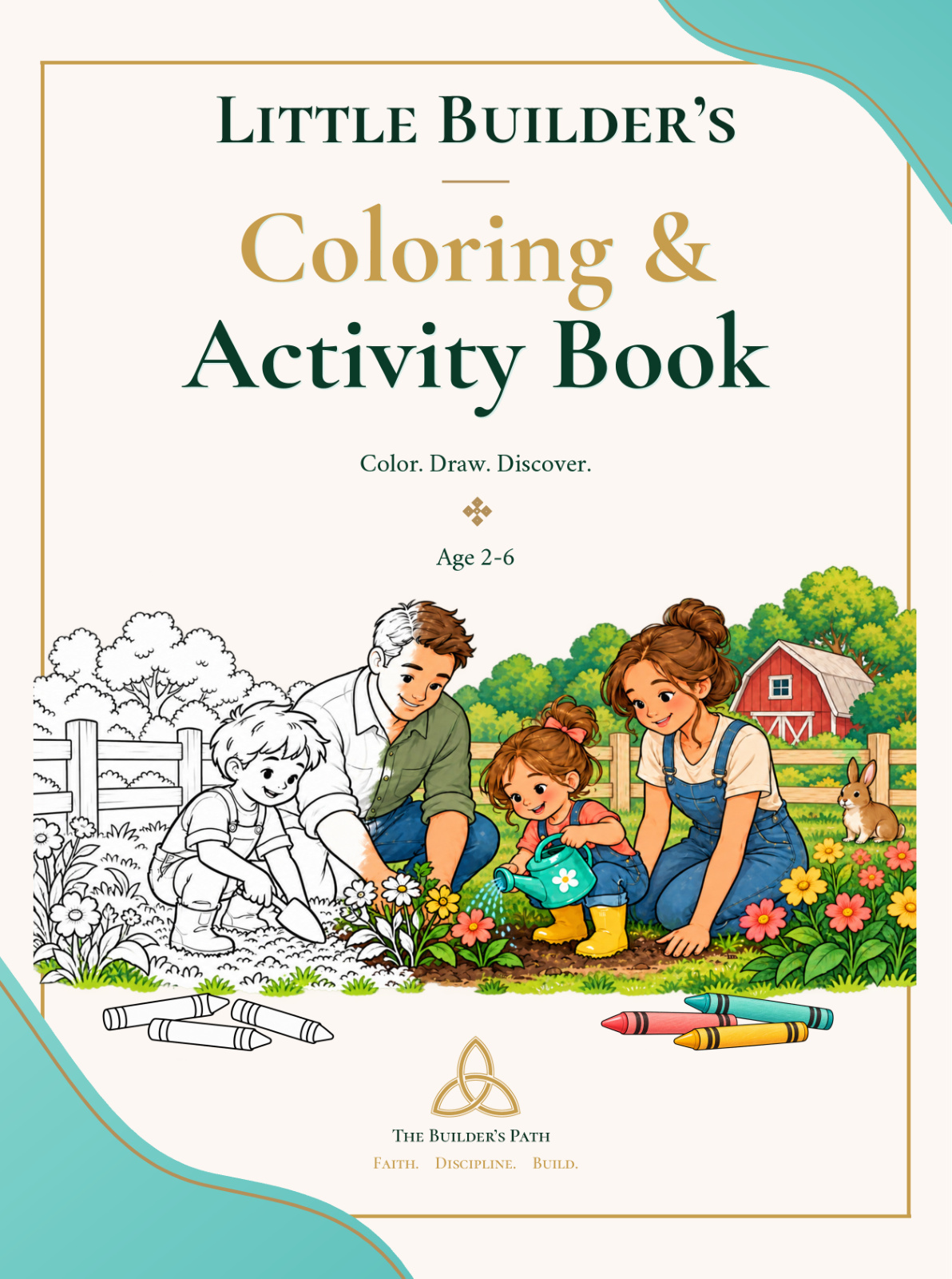 Little Builder’s Coloring & Activity Book cover with a family gardening scene, crayons, and cream/turquoise design